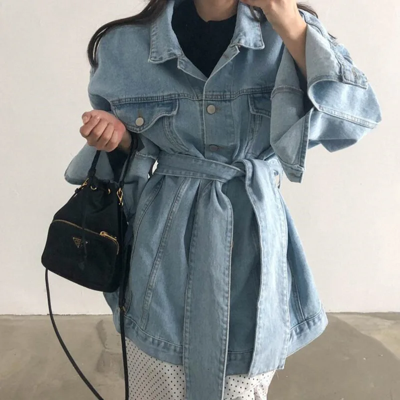 LANMREM Осенняя новая джинсовая куртка средней длины с отворотом и ремнем