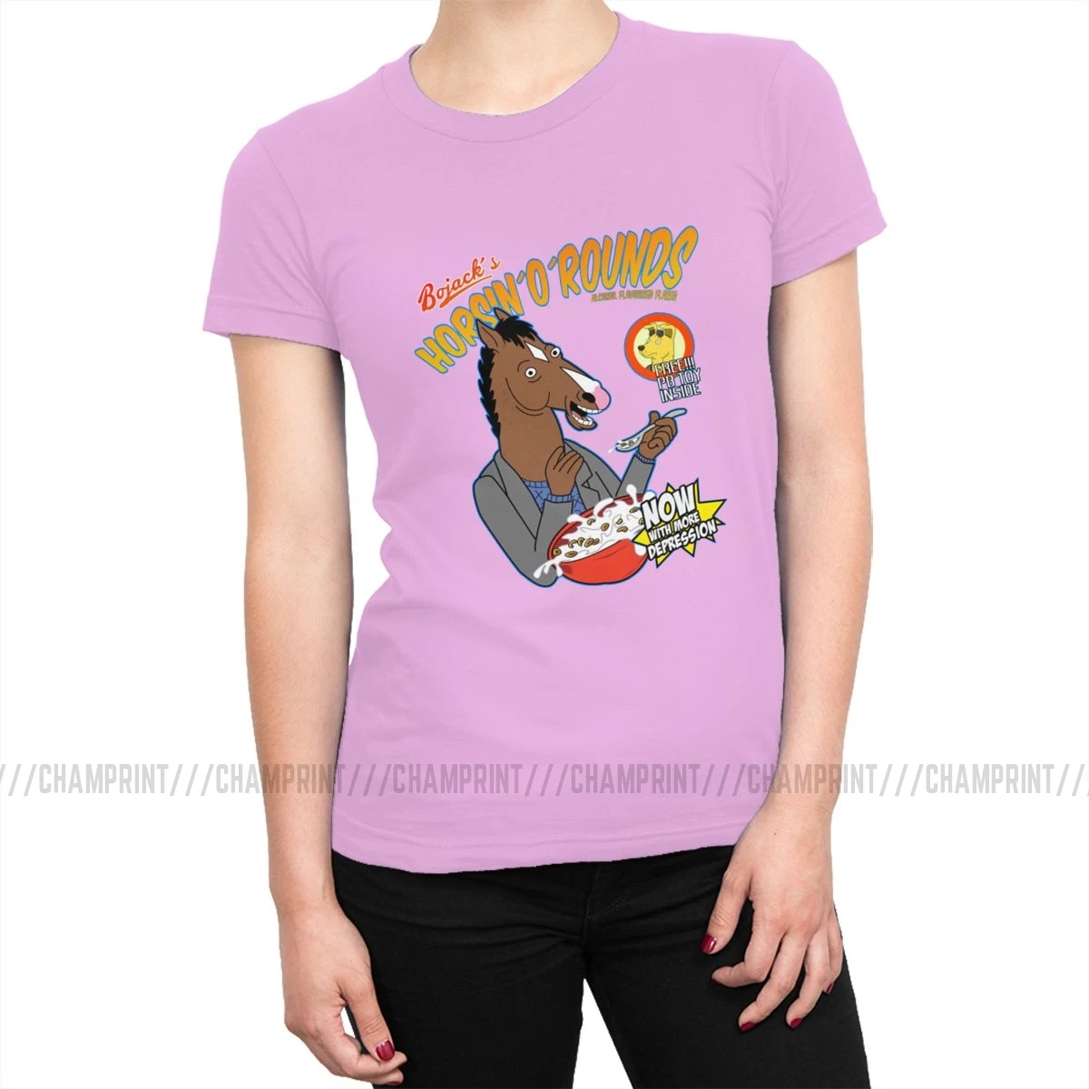 Женские футболки Bojack's cereal, Забавные футболки Bojack Horseman с рисунками из мультфильмов, модные хлопковые футболки, топ, базовая Женская одежда с графическим принтом - Цвет: Розовый