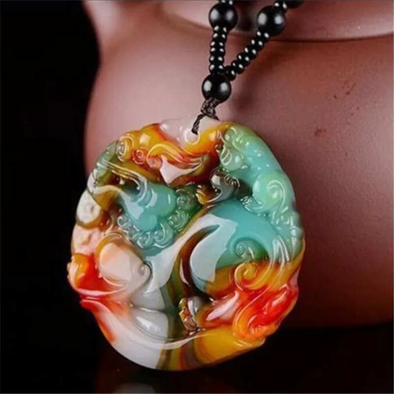 

Pure natural colorful stone carving round animal beast pendant Three-color stone bead necklace
