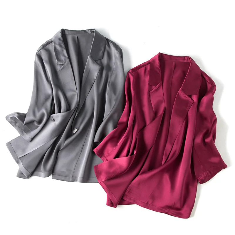 A button silk satin small suit jacket women's solid color fashion silk seven-sleeve suit autumn new