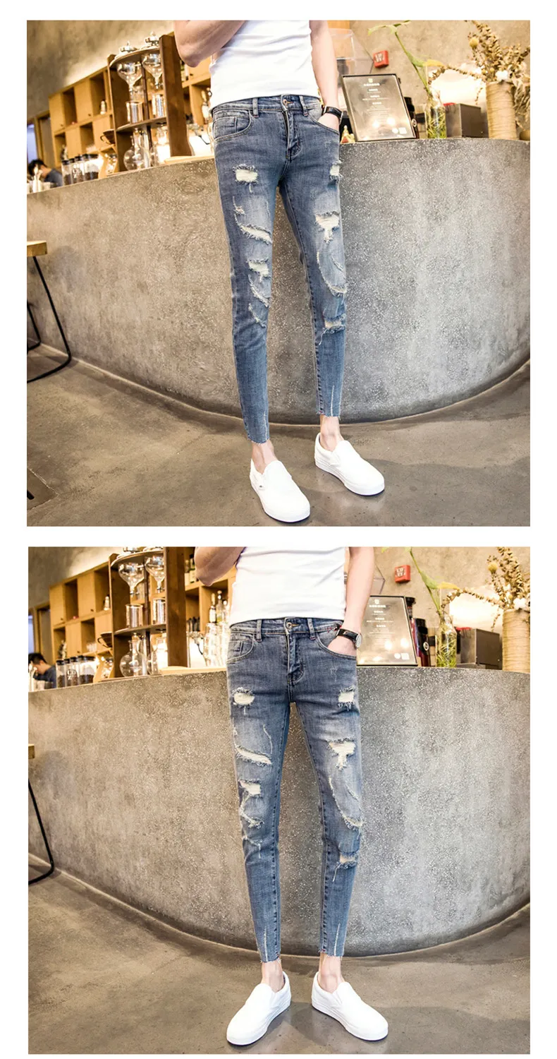 NEW spring autumn skinny strech Casual ripped hole fashion black teenagers hip hop cowboy denim leg jeans men pencil pants