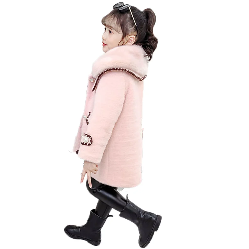

Winter Woolen Jacket For Girl New 2021 Korean Version Mink Velvet Thickening Coat Mid-Length Lapel Casual Children's Clothing