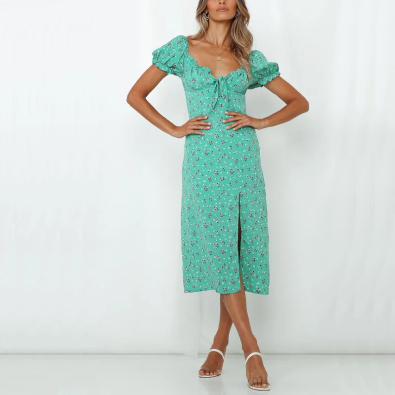 

Summer Women's Casual Flower Printed Bowknot Decorated Slim Dress Vestidos