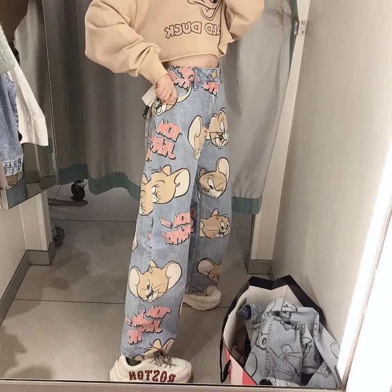 

Jeans FemaleLovely Cartoon Design Personality Wide Leg 2021 New Summer and Autumn Cat and Mouse Straight tube High Waist Pants