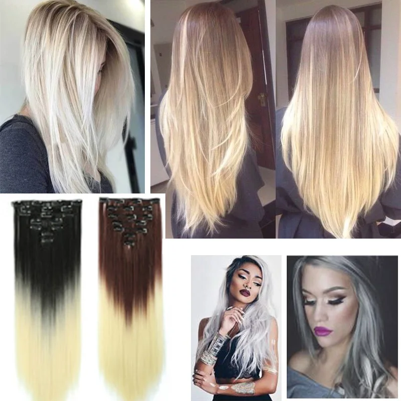

Clip In Hair Extensions Clip On Hair Extentions Synthetic Ombre Black Brown Blond Color For Women 16 Clips 7Pcs/Set 22 Inch 120g