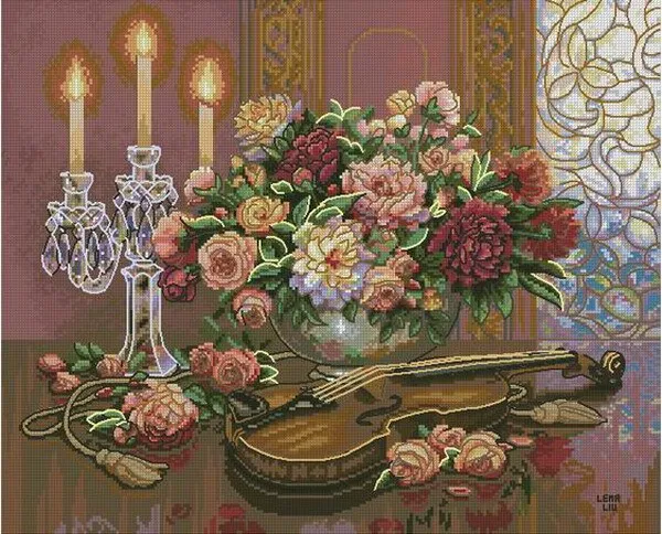 

MM Top Quality Hot Selling Lovely Counted Cross Stitch Kit Romantic Floral Flower and Violin dim 35185