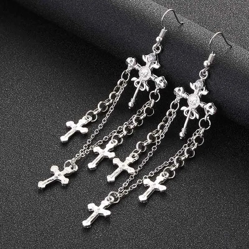 Design cross earrings 3 tassel pendant ladies punk fashion bohemian long 2019 European and American new |