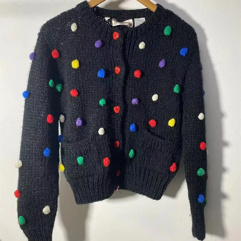 Женский вязаный однобортный Кардиган винтажный свитер с длинными рукавами