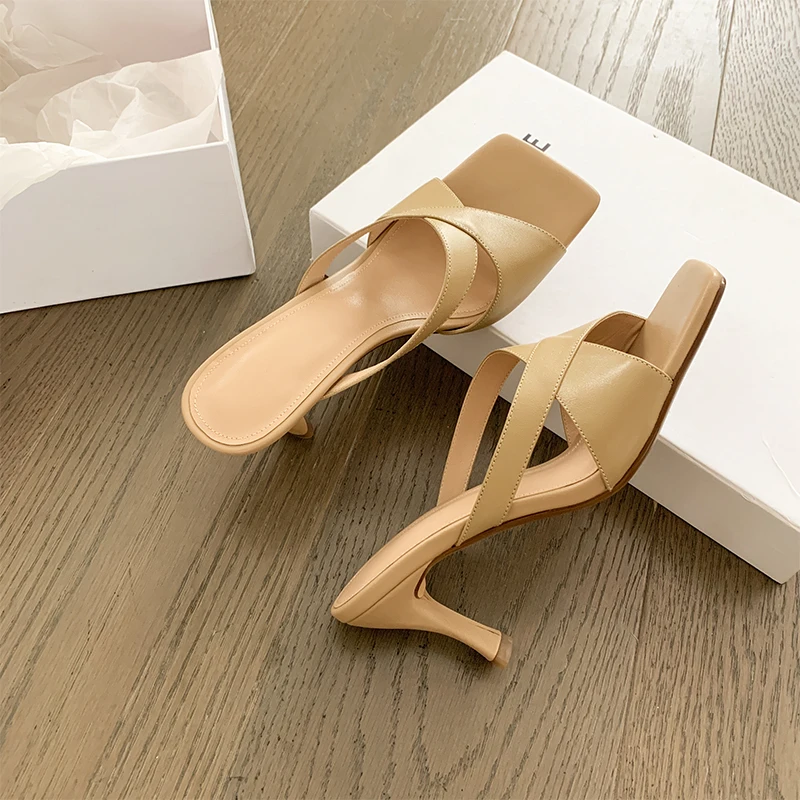 

Women Elegant Slippers Summer Quality Thin high Heels Women Sandals genuine leather Classic Design Party Prom Shoes Woman