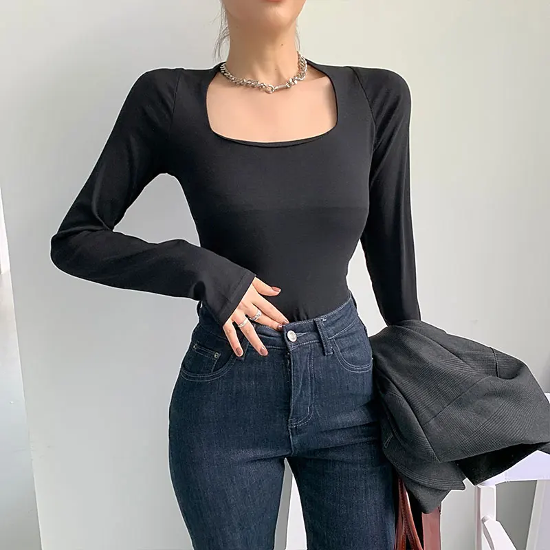 Женская зимняя футболка с длинным рукавом квадратным воротником и