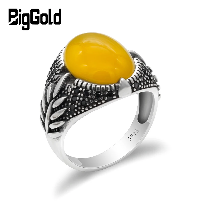 

Turkish Agate Ring for Men 925 Sterling Silver Big Natural Gemstone with Black CZ Aqeeq Men's Rings for Man Women Jewelry Gift