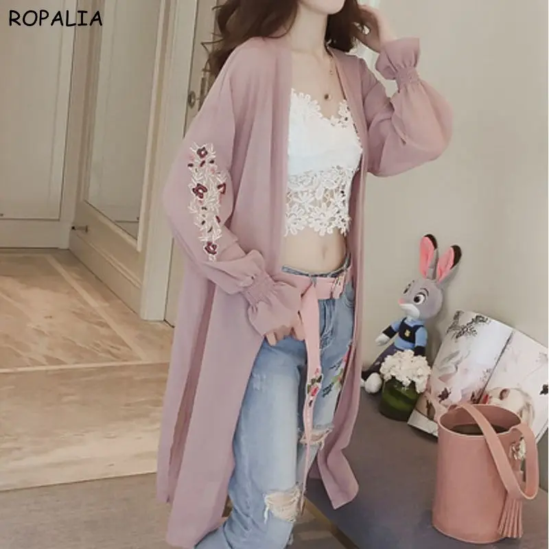 2020 летнее кимоно кардиган розовый белый Женская Корейская шифоновая блузка с