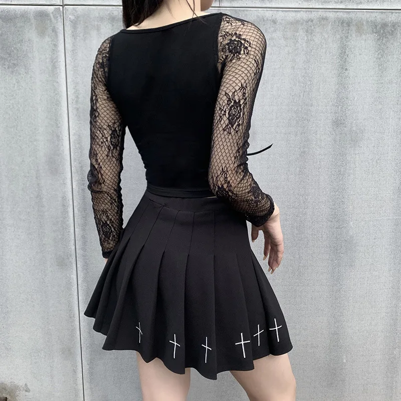 

Sexy Gothic T-shirt Women Lace Patchwork Square Collar Short Sleeve Clothes Punk Style Slim Black Top Tee Femme Harajuku Tshirts