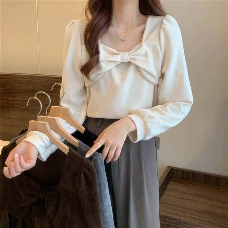 

Chiffon Loose Women's Shirts New Fashion Blouses Casual Long Sleeve Blusas Solid Color Bow Tie Shirt Spring Houthion
