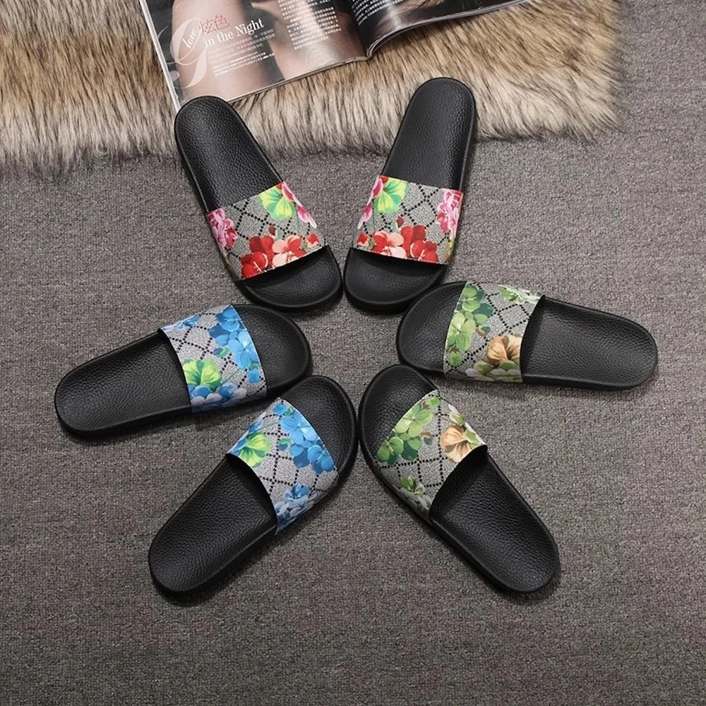 

Summer New Men Women Slippers Fashion Flower Flat Shoes Hot Sell Beach Genuine Leather Indoor Outdoor Women Slides Large Size