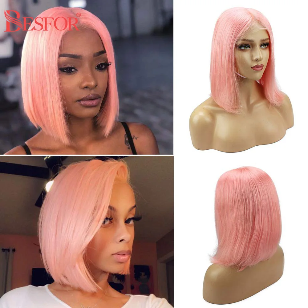 BESFOR розовые короткие парики боб бразильские прямые волосы Remy 13x4 кружевные