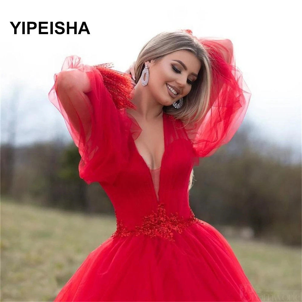 

Red Long Puff Sleeves Prom Dresses Ball Gown Soft Dotted Tulle Lace Special Occasion Dress Corset Evening Party Gowns