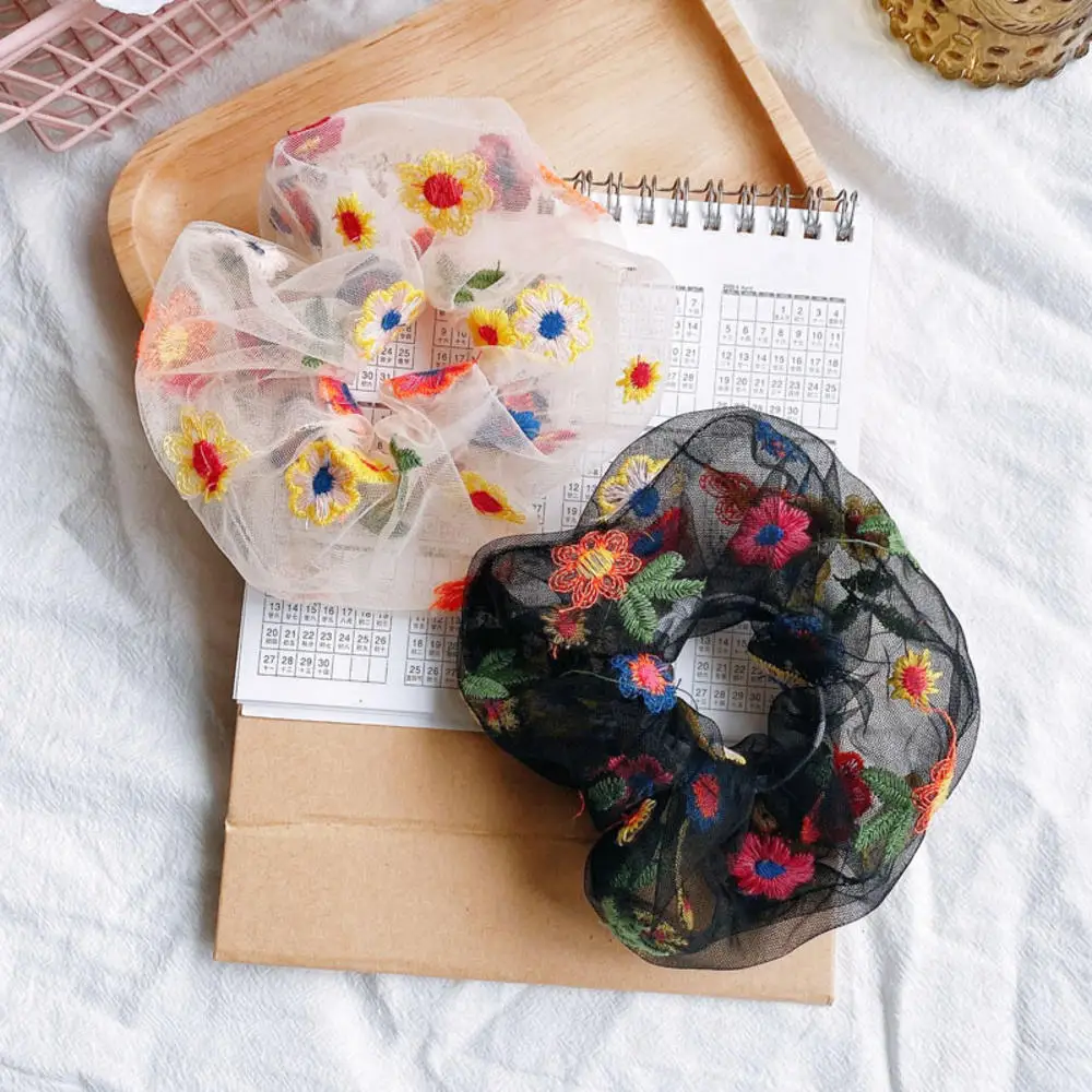 

Embroidery Flowers Hair Rope Mesh Hair Circle Retro Girl Large Intestine Circle Head Ring Hair Jewelry Headwear for Women
