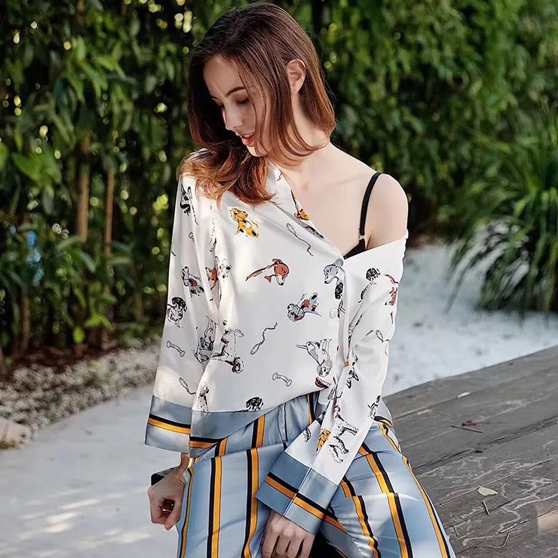 

Новый продукт лед Шелковая пижама на весну и лето, с длинным рукавом, кофта с длинными рукавами и брюки женские в европейском и американском ...