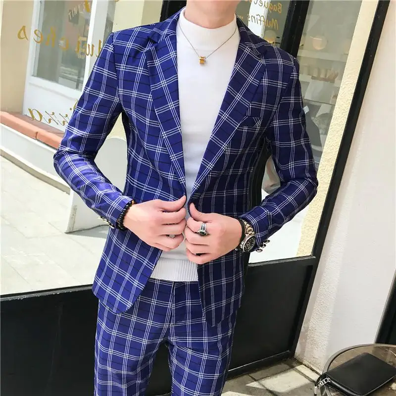 

Plaid Jacket+ Pants 2 Pieces/ Sets Social Stage Men Blazer designs Tuxedos Men's Suits Coats Brown black blue