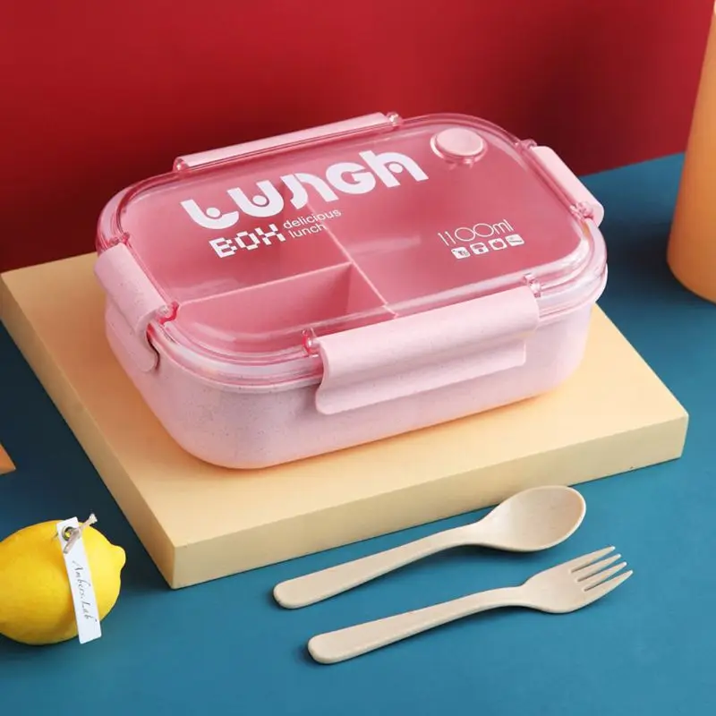 

1100ml Lunch Box Bento Food Container Wheat Straw Microwave 3 Compartments with Spoon Fork