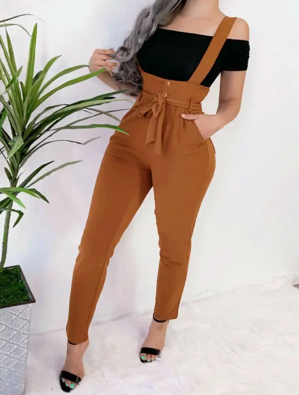 

Women High Waist Casual Pencil Pants Straps Stretch Suspender Trousers Dungarees