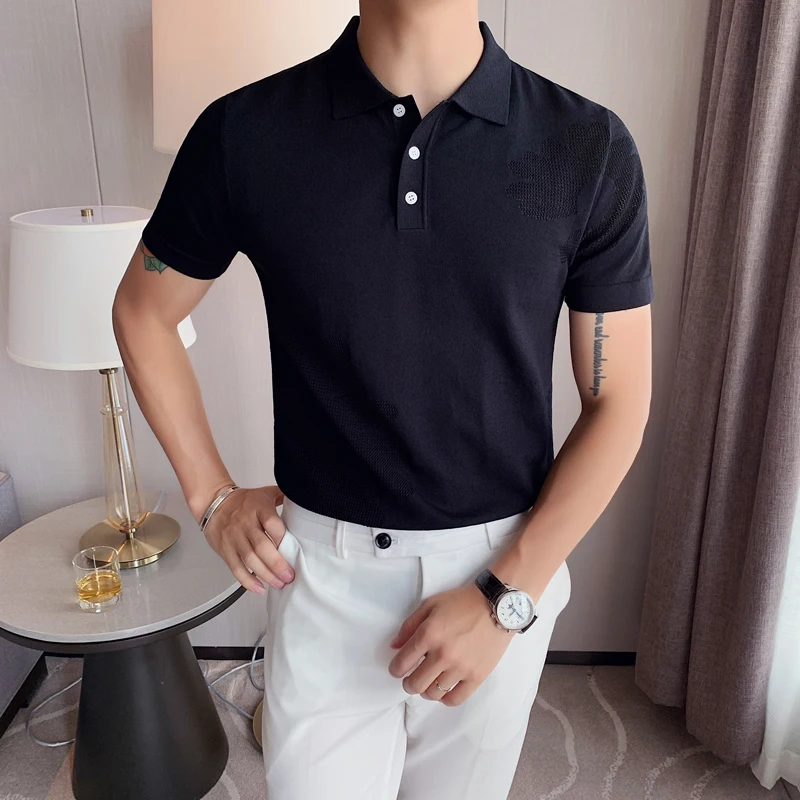 

British Lapel Slim Ice Silk Men Polo Shirt Short Sleeve Camisa Masculina Polo Mannen Polo 2020 Knitted Casual Polo Shirt Hollow