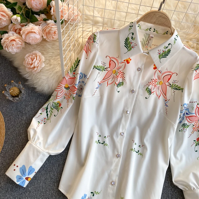 

European Brand Designer Runway 2 Piece Suit Puff Sleeve Lace-up Shirt High Waist Slim Wide Leg Shorts Flower Bird Print Set