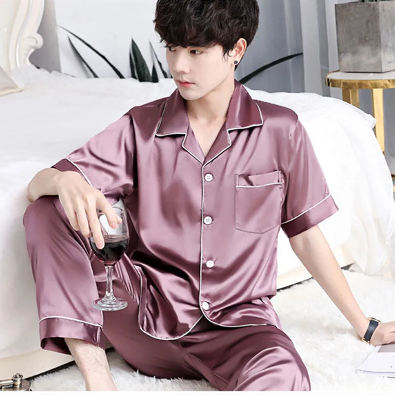 CAIYIER Summer Men Pajamas Set Short Sleeve Blue Male Sleepwear Soft Casual Fashion Men's Silk Nightwear Long Pants Loungewear
