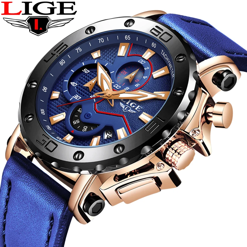 Часы наручные LIGE Мужские кварцевые брендовые Роскошные спортивные