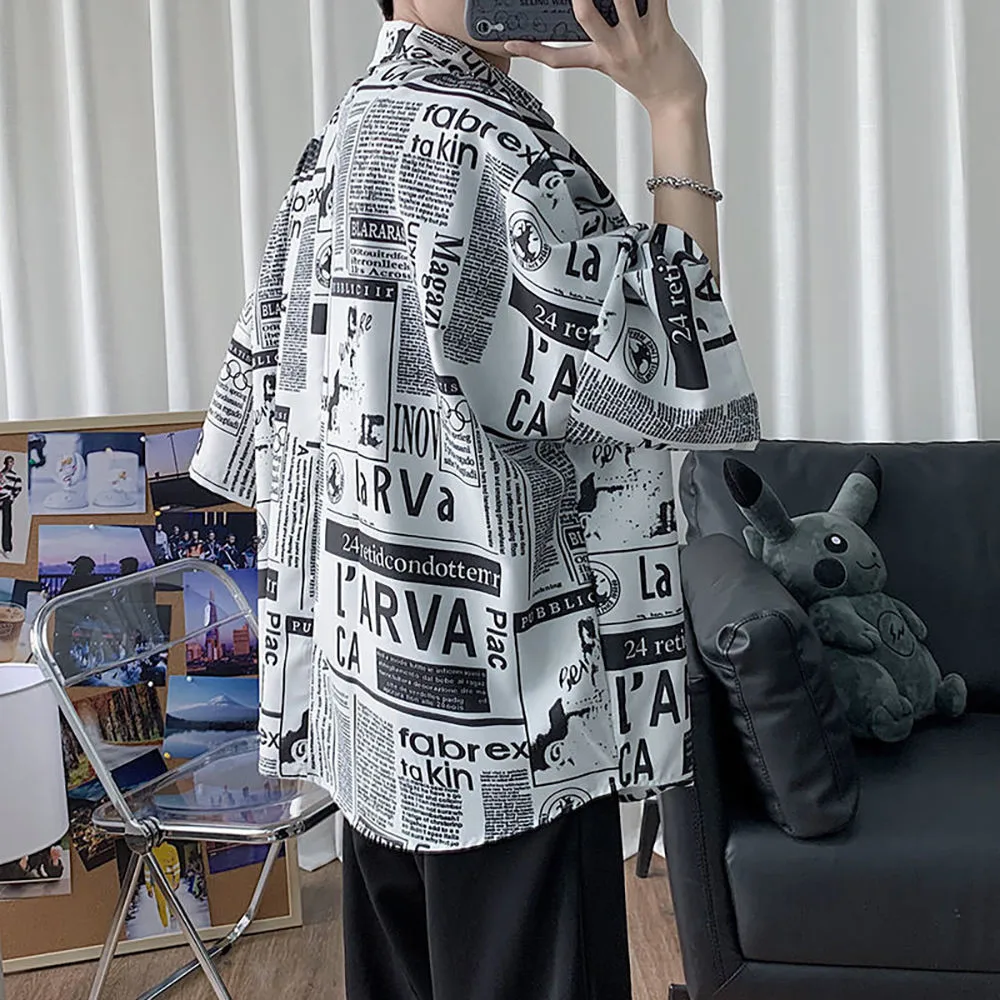 Рубашка мужская с принтом газет корейский стиль хип-хоп уличная одежда в стиле