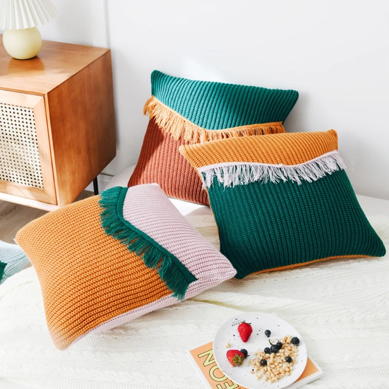 

Nordic Modern Knitted Throw Pillow Case with Tassels Contrast Color Patchwork Crochet Cable Knit Square Cushion Cover
