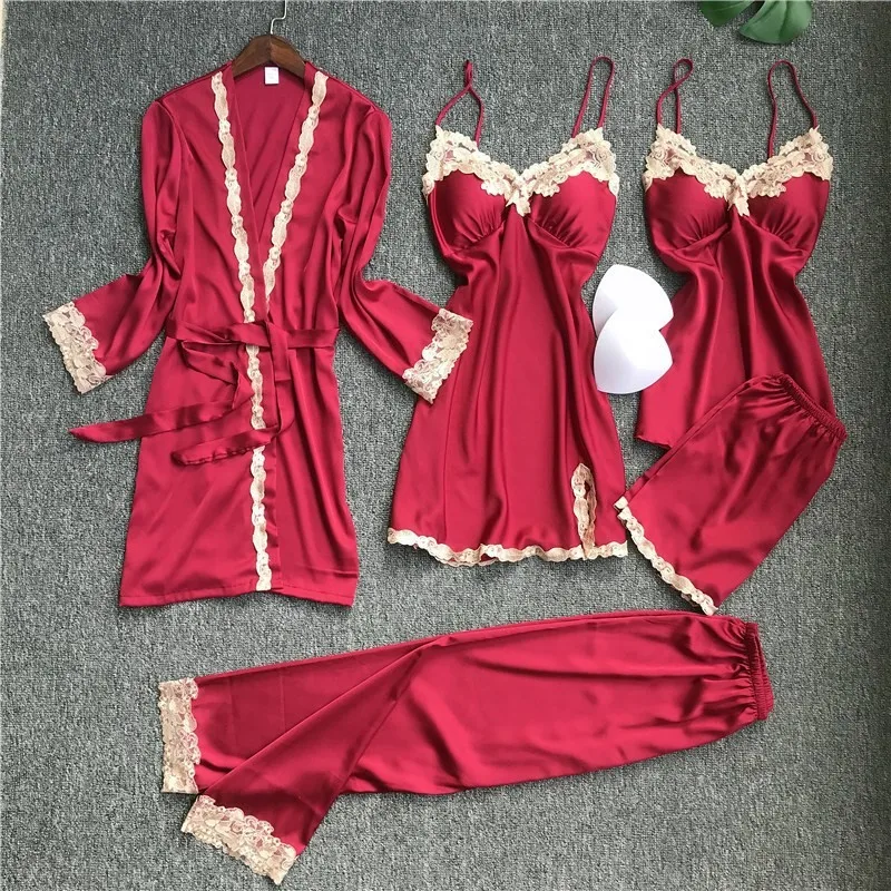 

Faux Silk Sleepwear Satin 5PCS PJS Set Women Lace Pajamas Sexy Kimono Bathrobe Gown Soft Nightwear Loungewear Intimate Lingerie