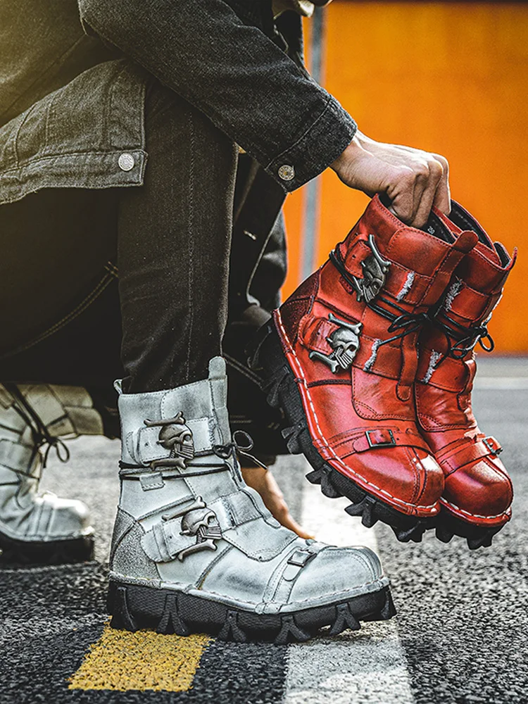 

Мужские ботинки в стиле панк-рок из коровьей кожи на шнуровке с ремешком и пряжкой мотоциклетные боевые ботинки M5