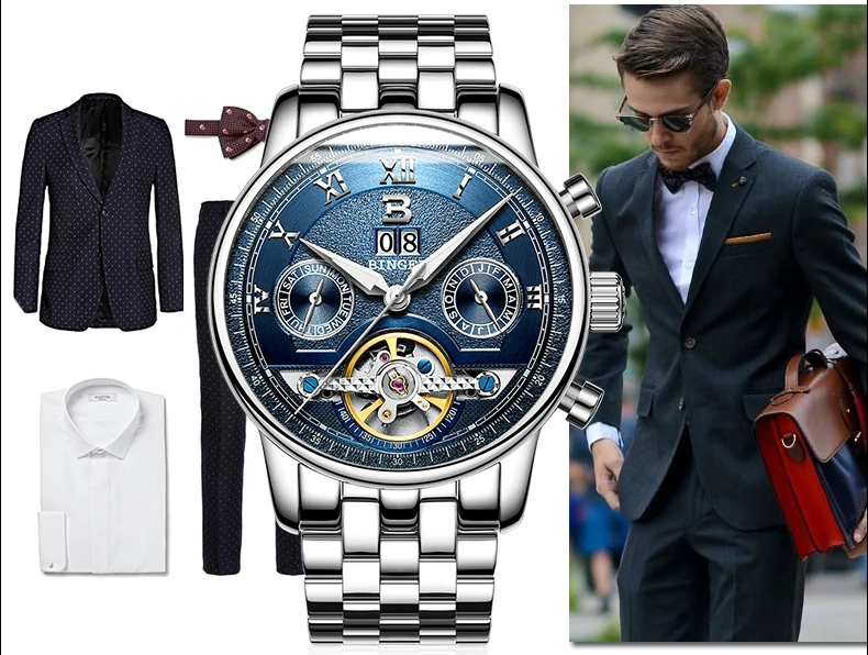 Часы relojes hombre BINGER мужские люксовый бренд автоматические механические деловые