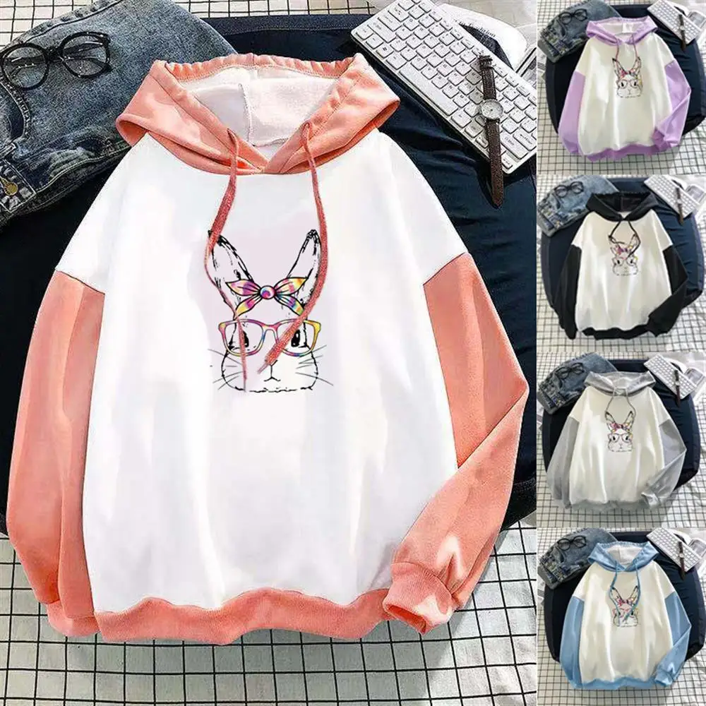 

Color Patchwork Long Sleeve Women Cartoon Printed Hooded Sweatshirt Autumn Drawstring Pullover Hoodies