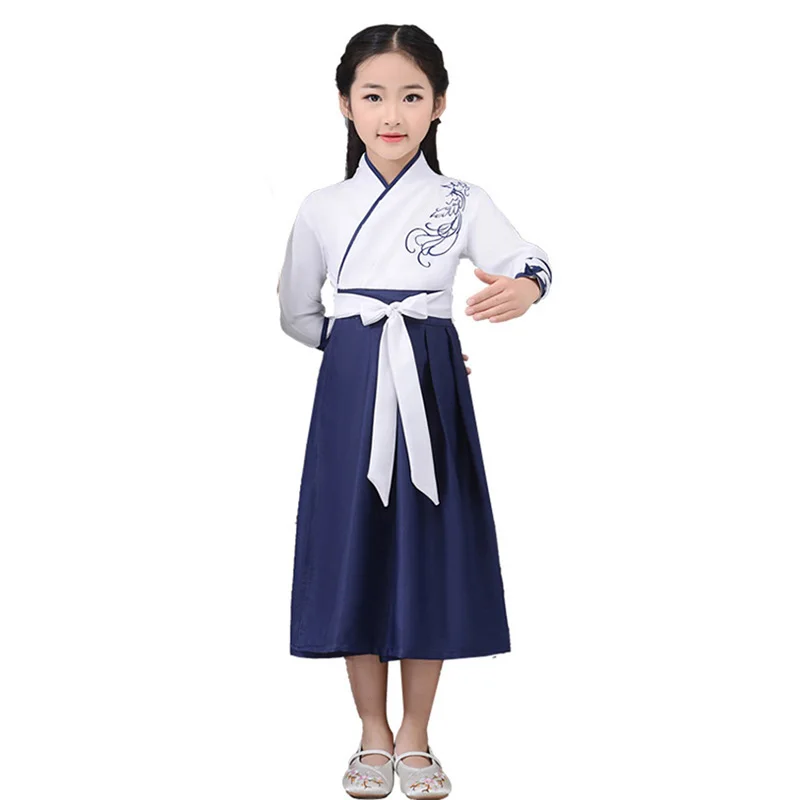 Girl Blue Suit Древний Hanfu детский танцевальный костюм для взрослых, народное платье для девочек и мальчиков, традиционная китайская одежда, стильные праздничные наряды, нарядная сцена - Цвет: Girl Blue Suit