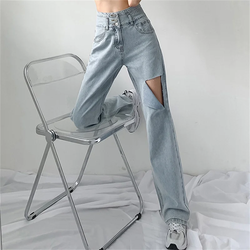 

HziriP Hole Plus Size Straight Cowboy High Waist 2021 Summer Femme Hot Loose All-Match Jeans Denim New Casual Pants Trousers