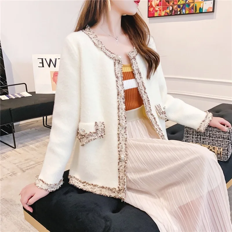 

Autumn Winter New Style Mink-like Velvet Coat Temperament Round Neck Small Fragrance Edging Color Matching Knitted Cardigan Coat