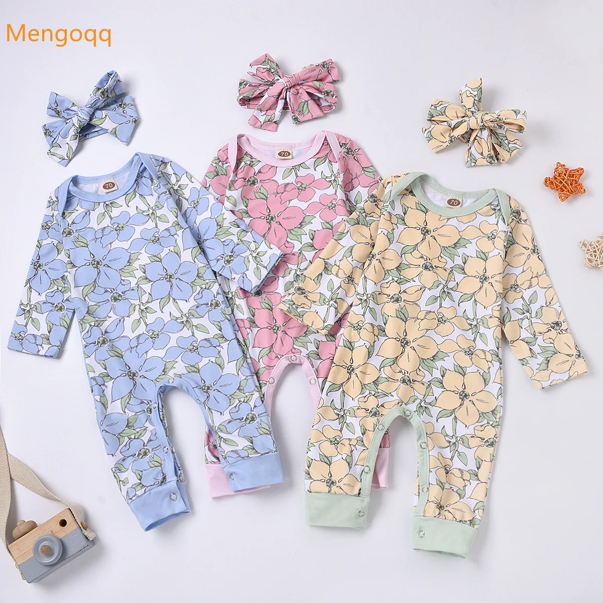 

Baby Girls Boys Long Sleeve Print Flower Outfits Toddler Kids Casual Jumpsuits + Headbands Children Romper 6-24M