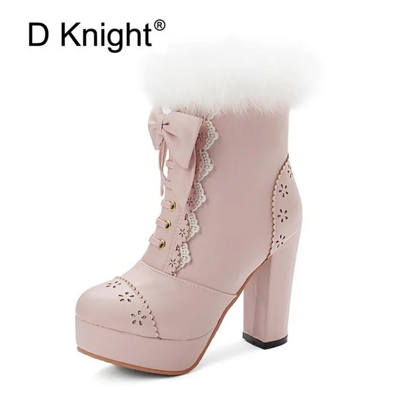 

Autumn Winter New Fashion Women Ankle Booties Lolita Shoes Sweet Bow Fur Women Lady Platform High Heel Snow Boots Big Size 34-48