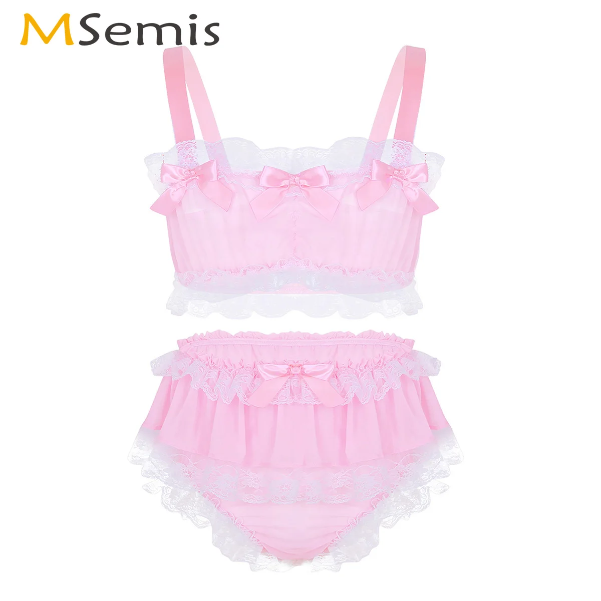 

Американский сток, мужской милый кружевной комплект нижнего белья с рюшами, экзотическая прозрачная шифоновая одежда для геев, укороченный топ с рюшами, трусики, сексуальная одежда для сна