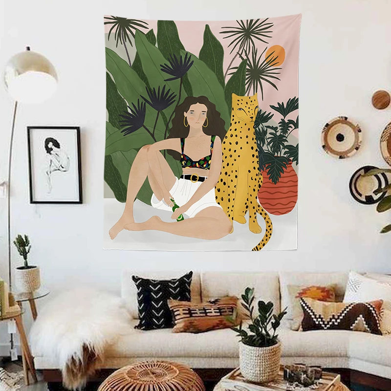 Tiger and Girl Hanging Tapestry Blanket-Cover Wall Cloth Home Decorations Bedroom Dec | Дом и сад