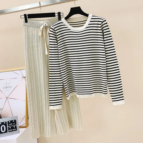 Long Sleeve White Genayua трикотажные осенние офисные женские женский комплект 2 шт. штаны с эластичной резинкой на талии полосатая футболка с круглым вырезом комплект из двух предметов брюки - Цвет: Long Sleeve White