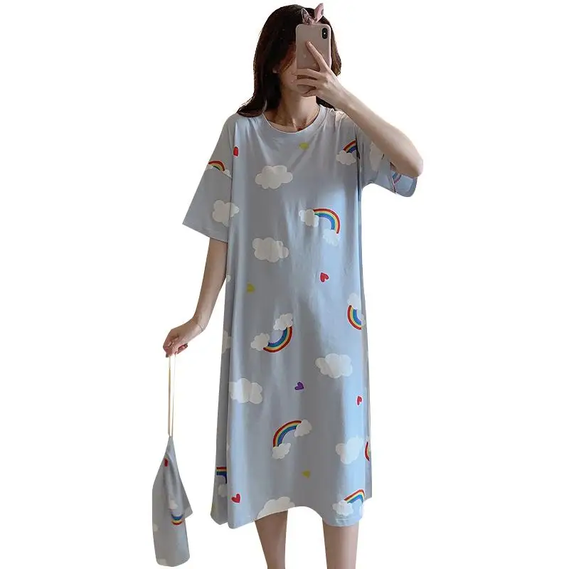 

MISSKY Women Nightdress Summer Short Sleeve Sleepwear Cartoon Printing Round Collar Female Home Wear with Bag