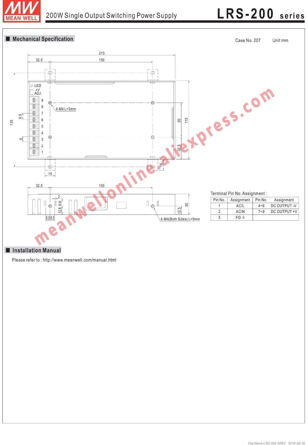 Бренд Mean Well представляет LRS-200-3.3V 4,2 V 5V 12V 15V 24V 36V 48V Переключая Питание MEANWELL AC/DC 200 Вт один Выход