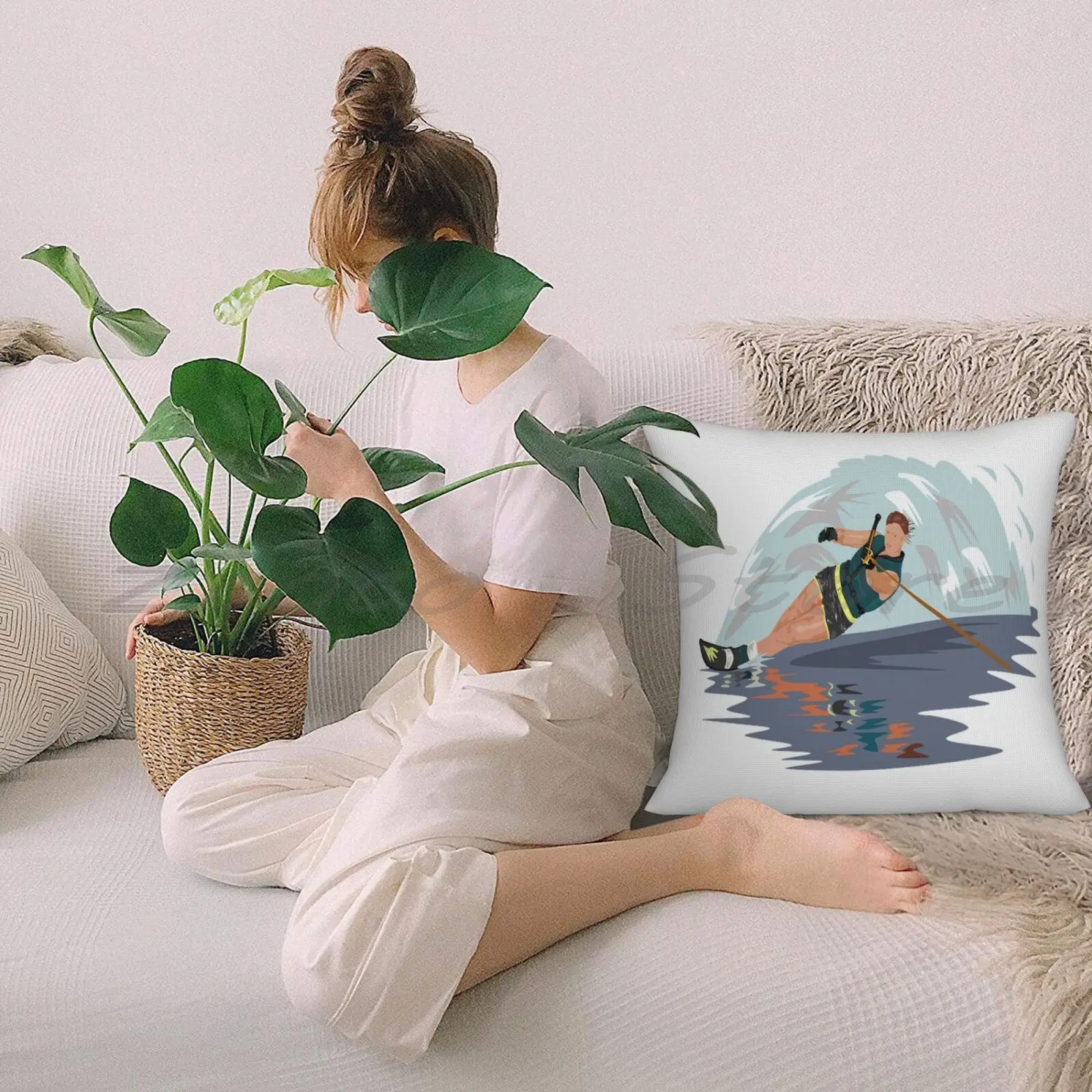 Water Skiing Sports Print Customize Pattern Flax Plush Velvet Fabric Pillow Case Slalom Skier Athlete Ski | Дом и сад
