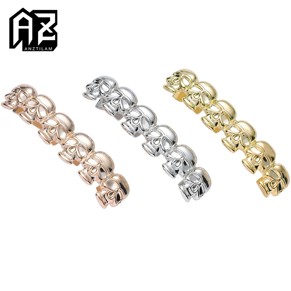 AZ Gold Silver Color Six Skull Grillz Teeth Men Women Brass Hip Hop Bling Tooth Grills Caps Fashion Jewelry