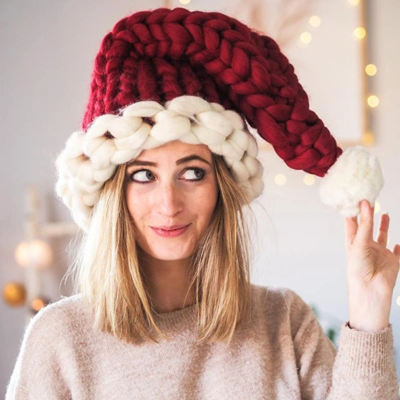 

Big Christmas Hat Santa Claus Hats Children Soft Woolen Knitting With Ball Kids Adult Gifts Navidad Natal Cristmas Decoration