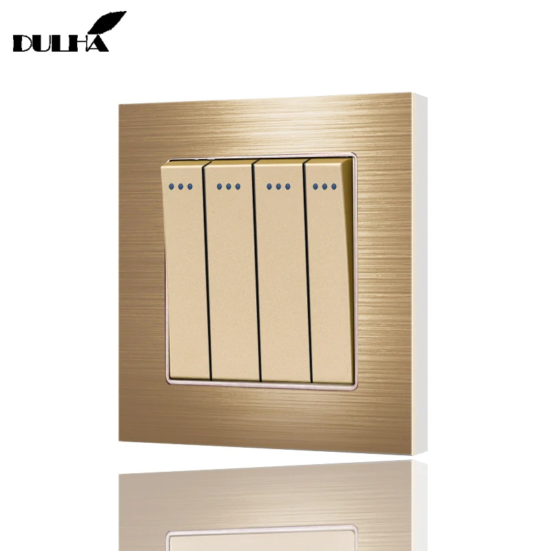 

Luxury Golden Brushed Satin Metal Wall Light Switch 4 Gang 2 Way Electrical Push Button Switches Finger Plate Panel Free Ship